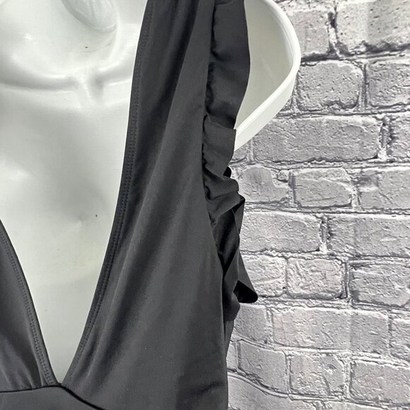 Catalina Swimwear Black 1 Piece Swimsuit Size M Ruffle Smocked Deep Plunge NWT - Picture 10 of 12